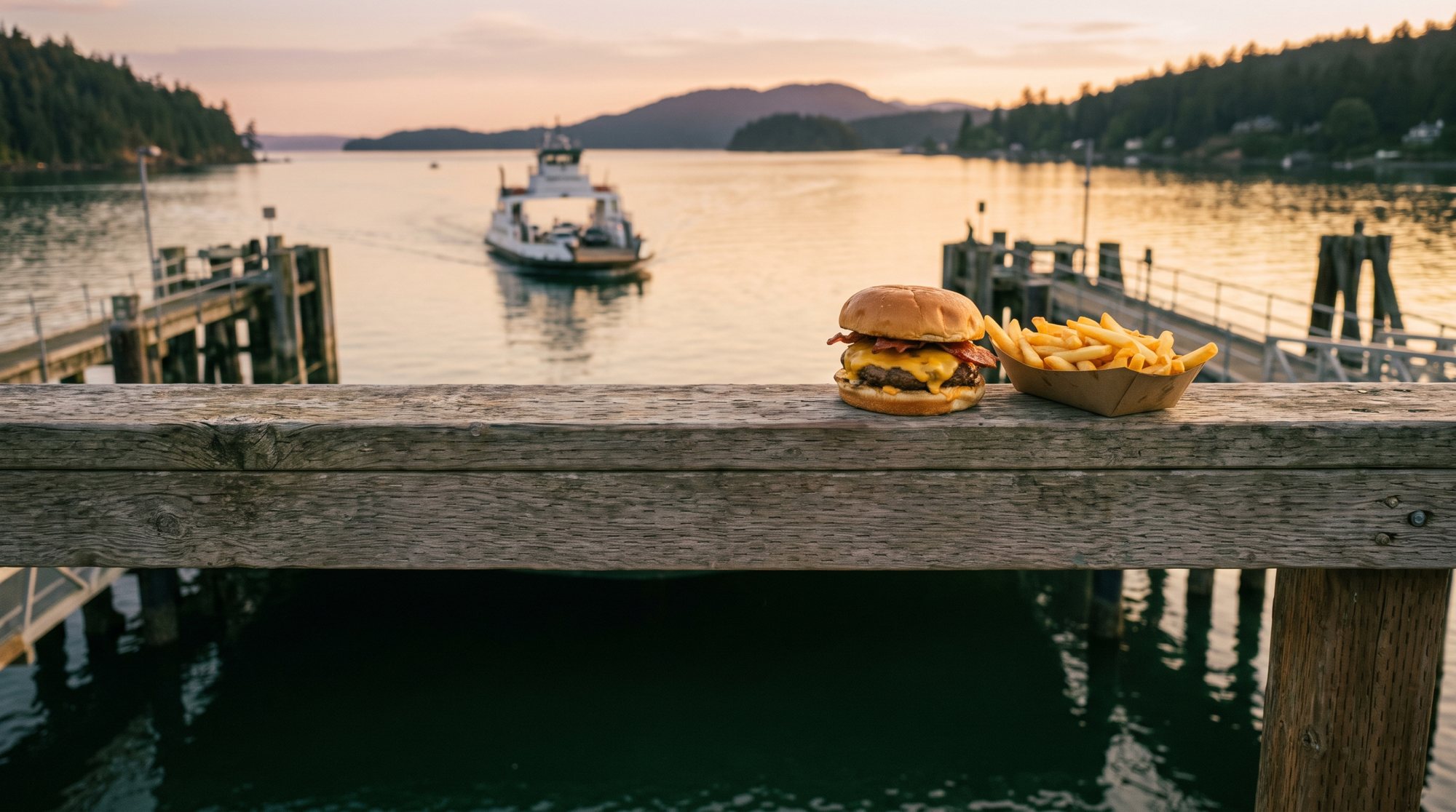 Cheeseburger and fries on the dock rail as the ferry comes in